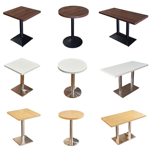 A collection of modern restaurant dining tables in various shapes, finishes, and base styles, including wood and metal options.