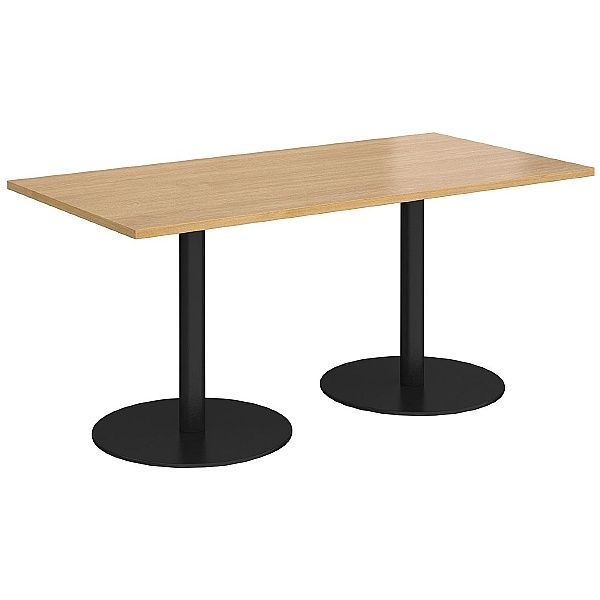 Minimalist wooden table with light oak top and dual black metal pedestal bases