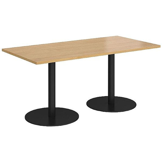 Minimalist wooden table with light oak top and dual black metal pedestal bases