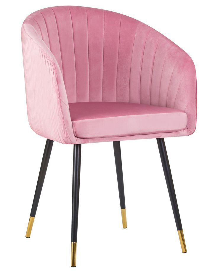 Blush pink velvet accent chair with channel tufting and black legs with gold tips