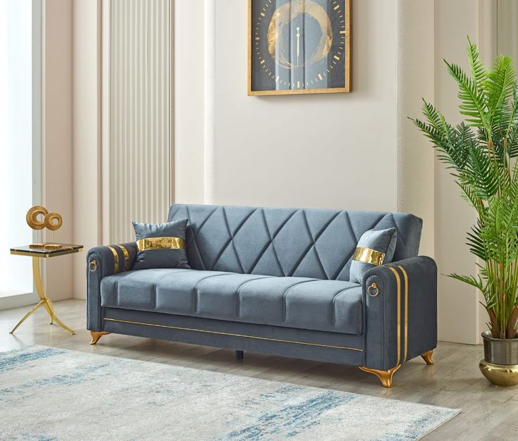 Luxury Velvet Sofa with Gold Accents – Elegant 3-Seater for Modern Living Room
