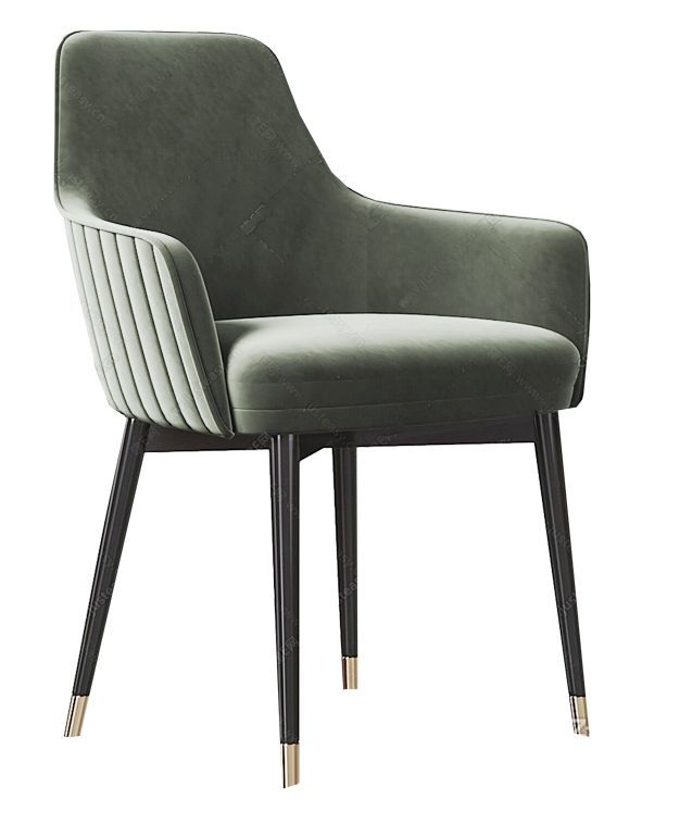 Sage green velvet armchair with vertical channel backrest and gold-accented black legs