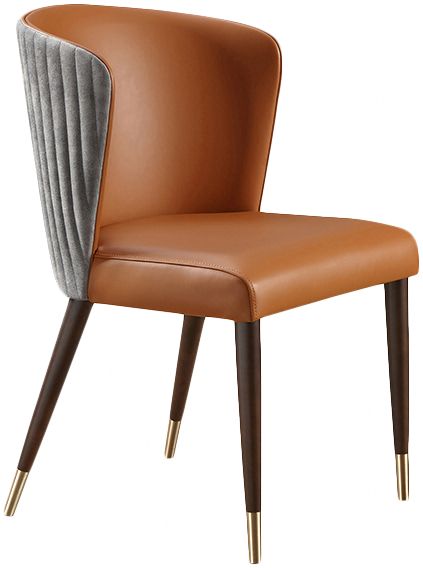 Tan faux leather chair with grey velvet tufted backrest and gold-accented dark wooden legs