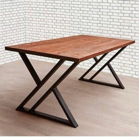 Industrial style dining table with solid wooden top and black metal X-shaped legs
