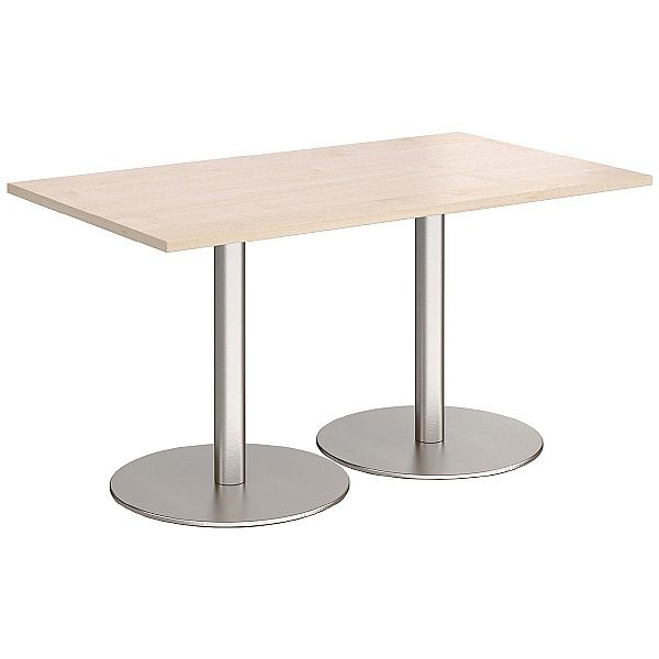 Rectangular light wood top table with dual stainless steel pedestal base – modern café or office furniture