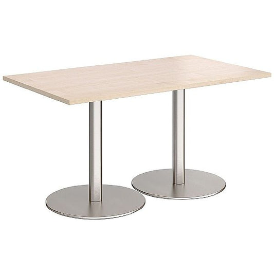 Rectangular light wood top table with dual stainless steel pedestal base – modern café or office furniture
