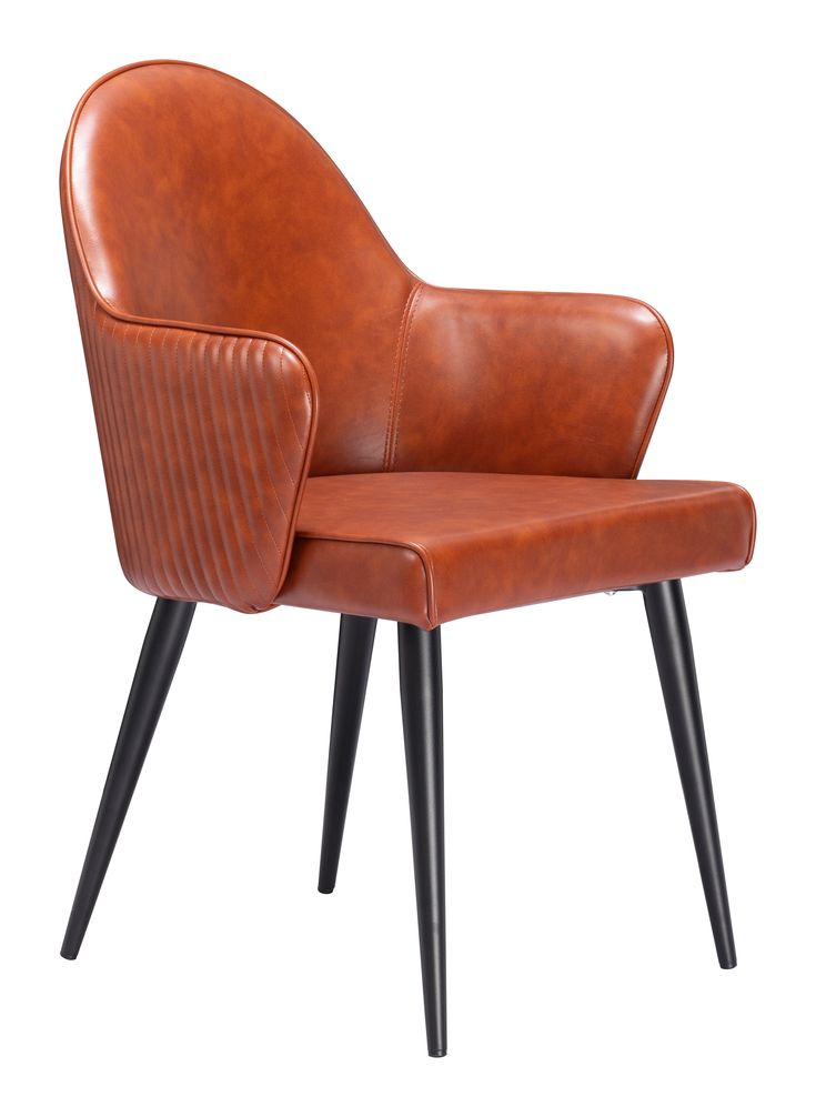 Brown leather armchair with ribbed side panels, curved backrest, and black tapered legs.