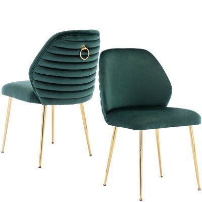 Emerald green velvet chair with gold legs and back ring handle