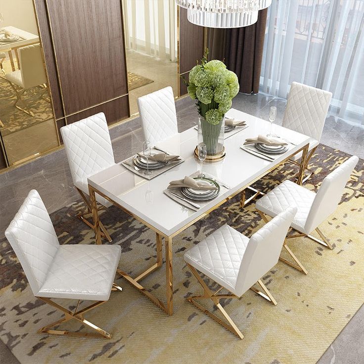 Luxurious White & Gold Dining Table Set – 6 Seater