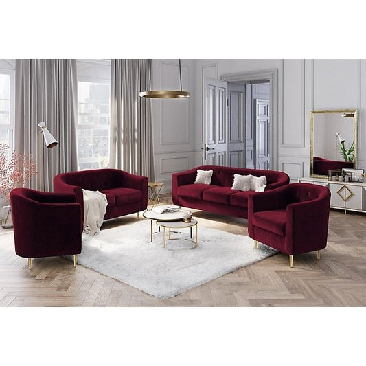 Stylish burgundy velvet sofa set with gold legs, featuring a 3-seater and two 1-seater sofas, perfect for luxury living room decor.
