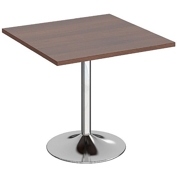 Square wooden top table with chrome metal pedestal base – modern café or office table