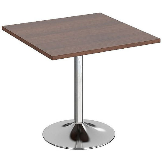 Square wooden top table with chrome metal pedestal base – modern café or office table