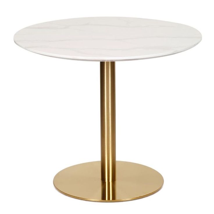 Round white marble top table with brushed gold metal base – elegant modern design