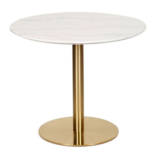 Round white marble top table with brushed gold metal base – elegant modern design