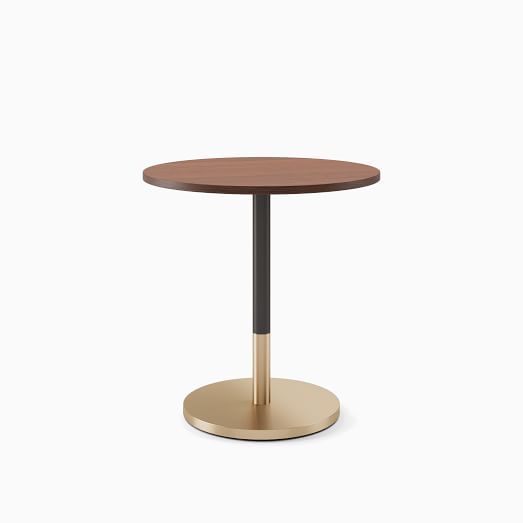 Round wooden top café table with black and gold metal base – sleek and modern design