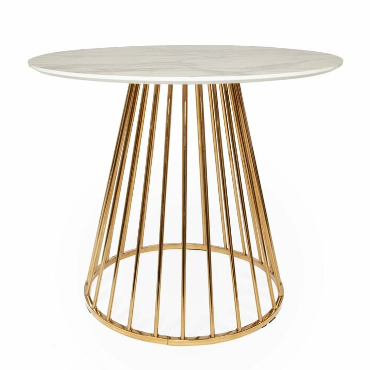 Round white marble table with golden conical metal base – modern and luxurious design