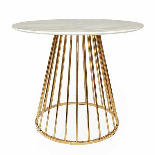 Round white marble table with golden conical metal base – modern and luxurious design