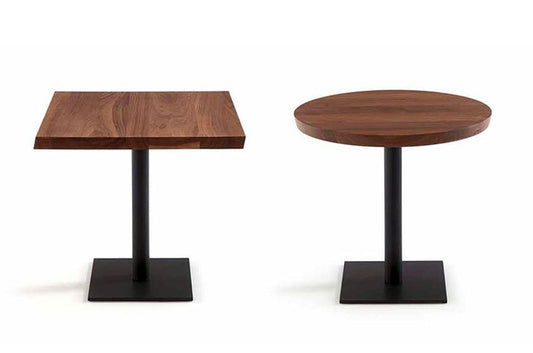 Square and round wooden restaurant tables with black metal bases, featuring a modern and elegant design.