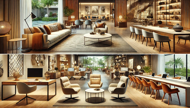 Premium furniture showroom with home, restaurant, office, and outdoor furniture, featuring elegant sofas, dining sets, office desks, and patio seating