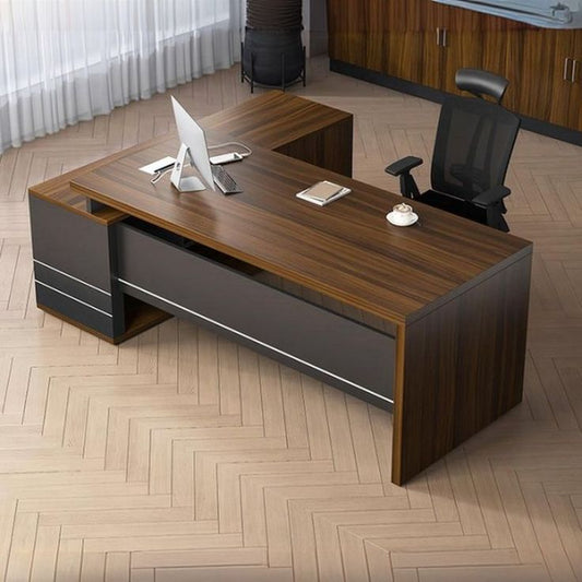 Luxury L-Shaped Executive Office Desk with Wooden Finish and Storage – Ideal for CEO Offices and Professional Workspaces.