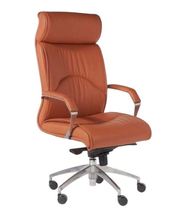 Brown leather executive office chair with ergonomic design, chrome armrests, and a high backrest