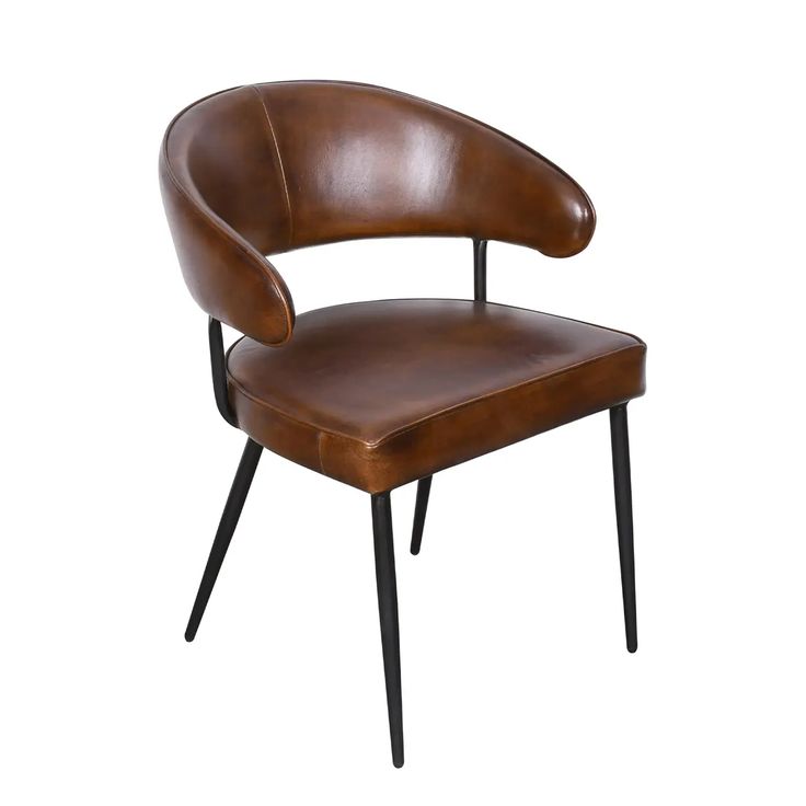 Vintage brown leather dining chair with curved backrest and black metal legs