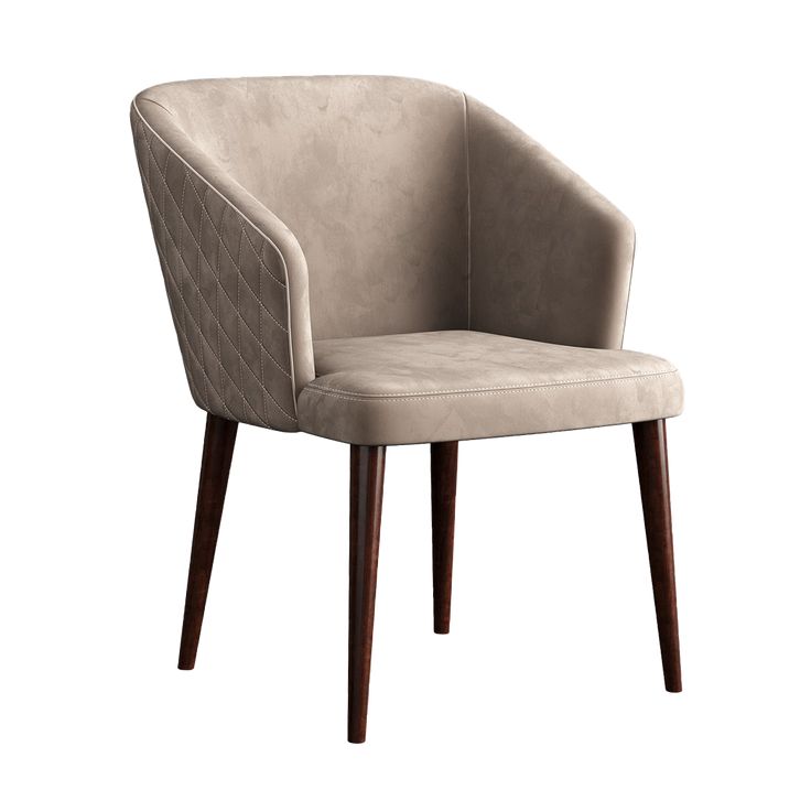 Beige upholstered chair with diamond-stitched back and wooden legs