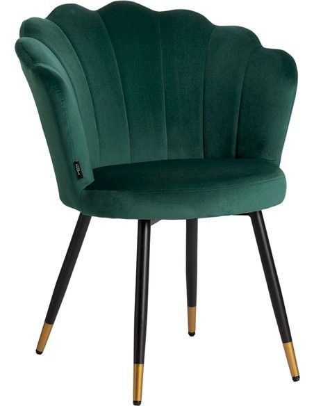 Emerald green velvet accent chair with scalloped backrest and gold-dipped black legs