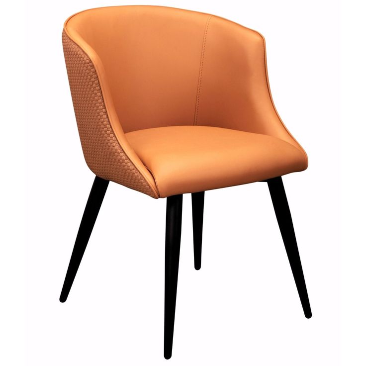 Burnt orange faux leather chair with curved seat, woven back design, and black legs