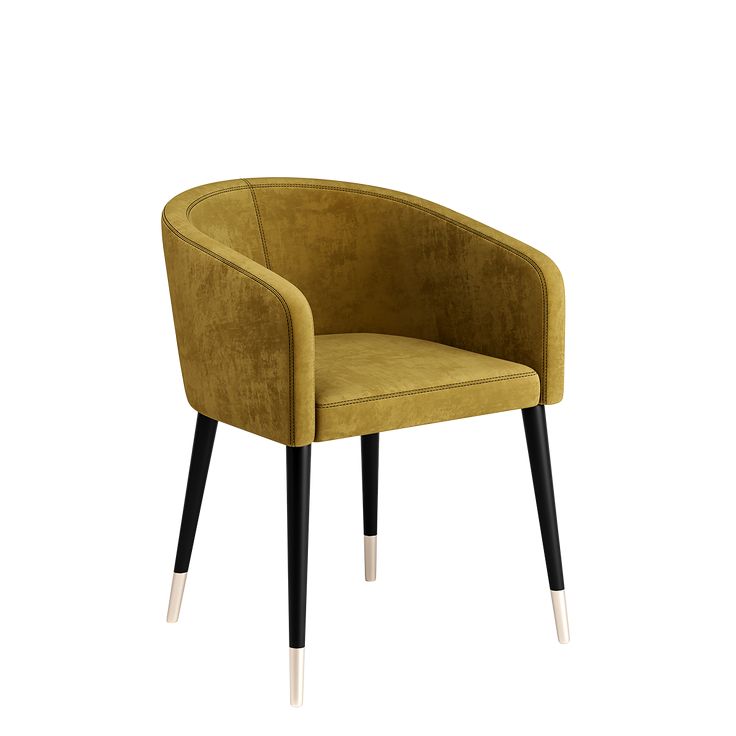 Mustard yellow upholstered barrel chair with curved back and black legs with gold tips