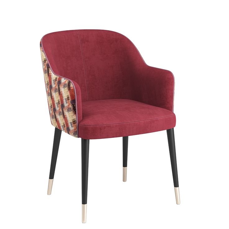 Wine red velvet accent chair with multicolor patterned back and black legs with gold tips