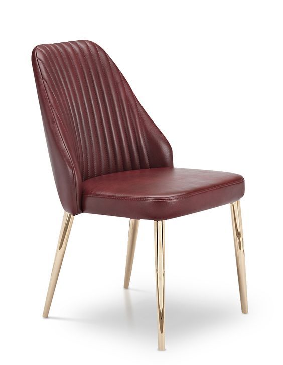 Burgundy faux leather chair with vertical stitched back and shiny gold metal legs