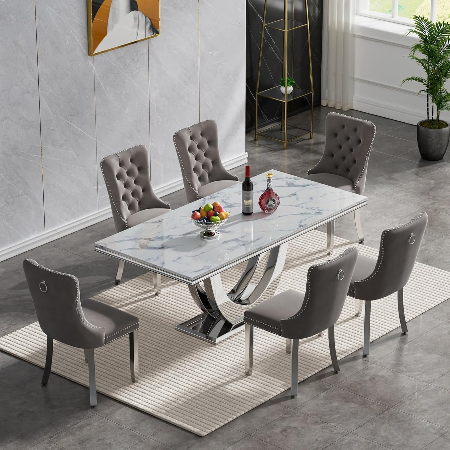 White Marble Dining Table Set with Tufted Velvet Chairs - BinSha Furniture