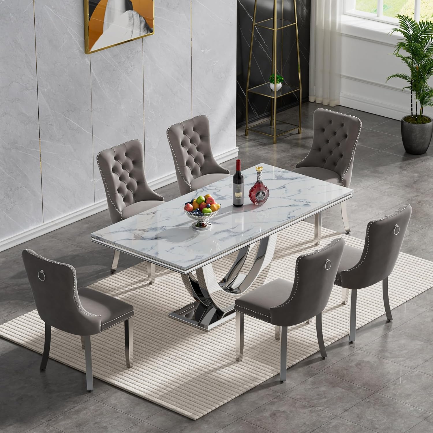White Marble Dining Table Set with Tufted Velvet Chairs - BinSha Furniture