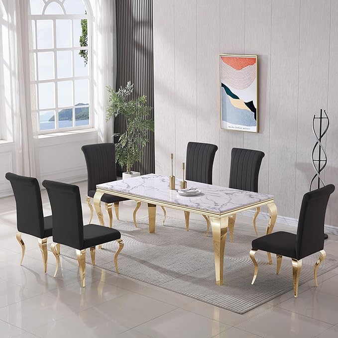Luxury Marble Dining Table Set with Gold Legs & Upholstered Chairs - BinSha Furniture