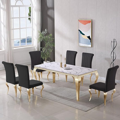 Luxury Marble Dining Table Set with Gold Legs & Upholstered Chairs - BinSha Furniture
