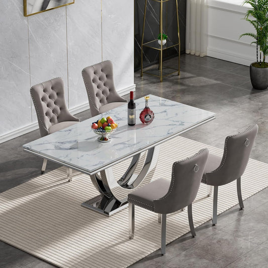 white marble dining table with tufted grey velvet chairs and chrome legs, perfect for modern and elegant dining spaces