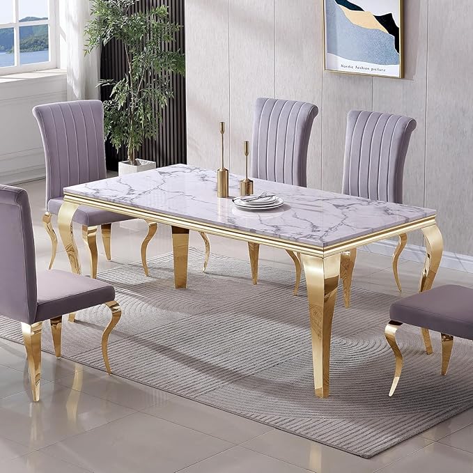 Luxury Marble Dining Table Set with Gold Legs & Upholstered Chairs - BinSha Furniture