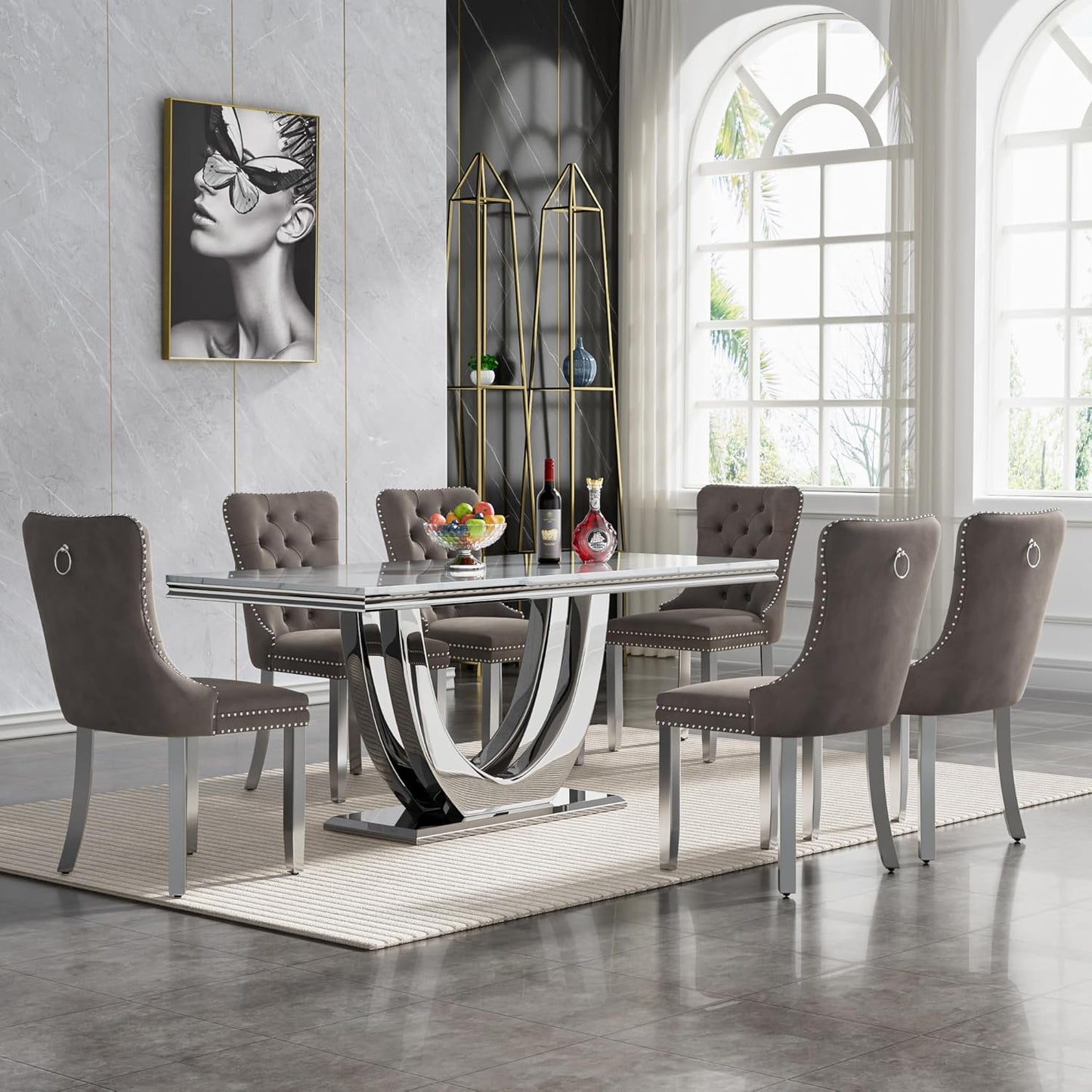 White Marble Dining Table Set with Tufted Velvet Chairs - BinSha Furniture