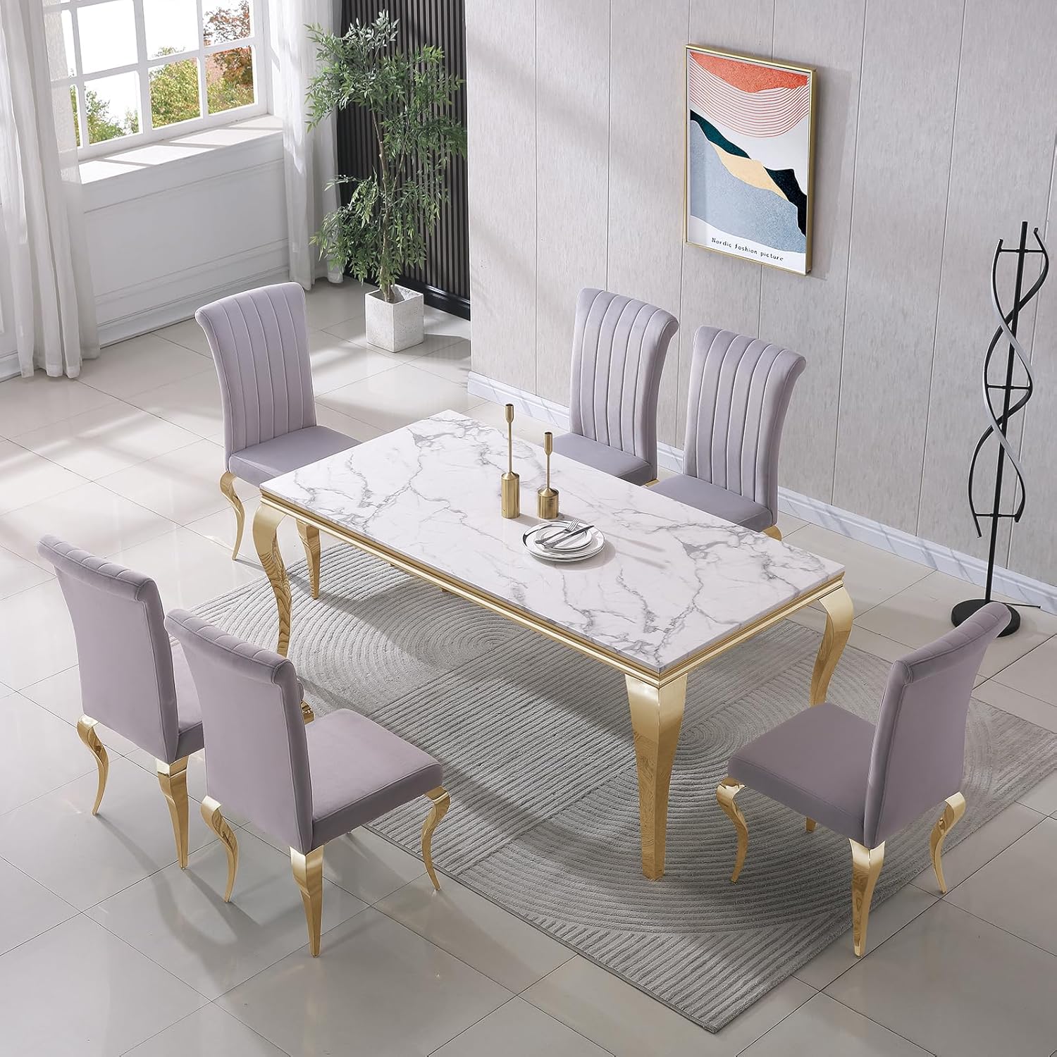 Luxury 6-seater dining table set with a white marble top and gold-finished legs, paired with upholstered grey chairs – perfect for modern dining rooms and restaurants.