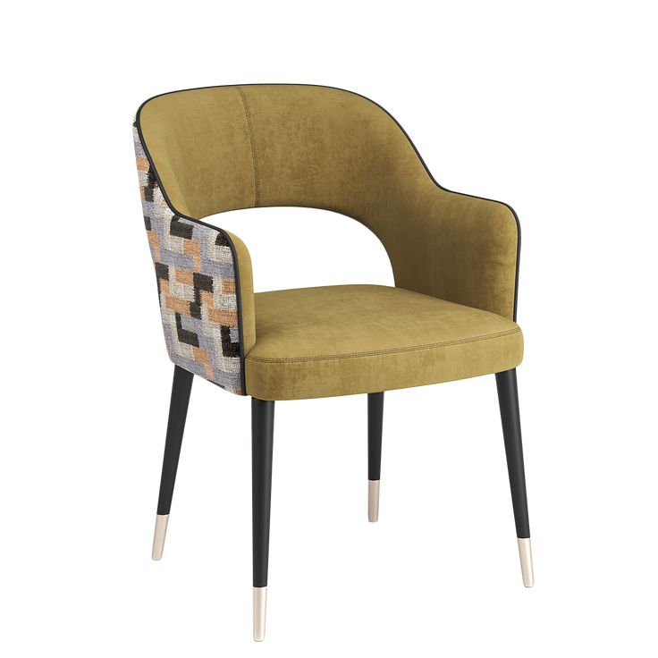 Olive green accent chair with geometric patterned back and gold-tipped black legs