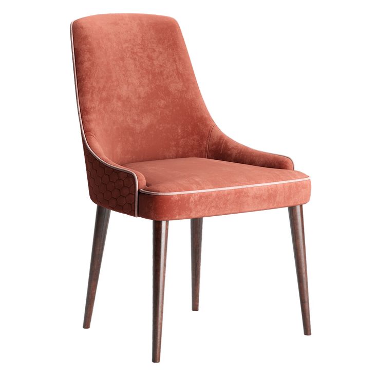 rust orange velvet chair with wooden legs and honeycomb side detailing