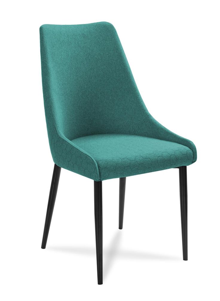 Teal upholstered modern dining chair with black metal legs