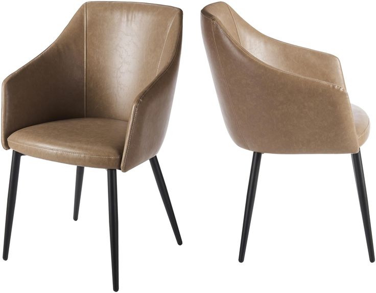 Light brown leather chair with curved backrest and arm design, supported by slim black legs.