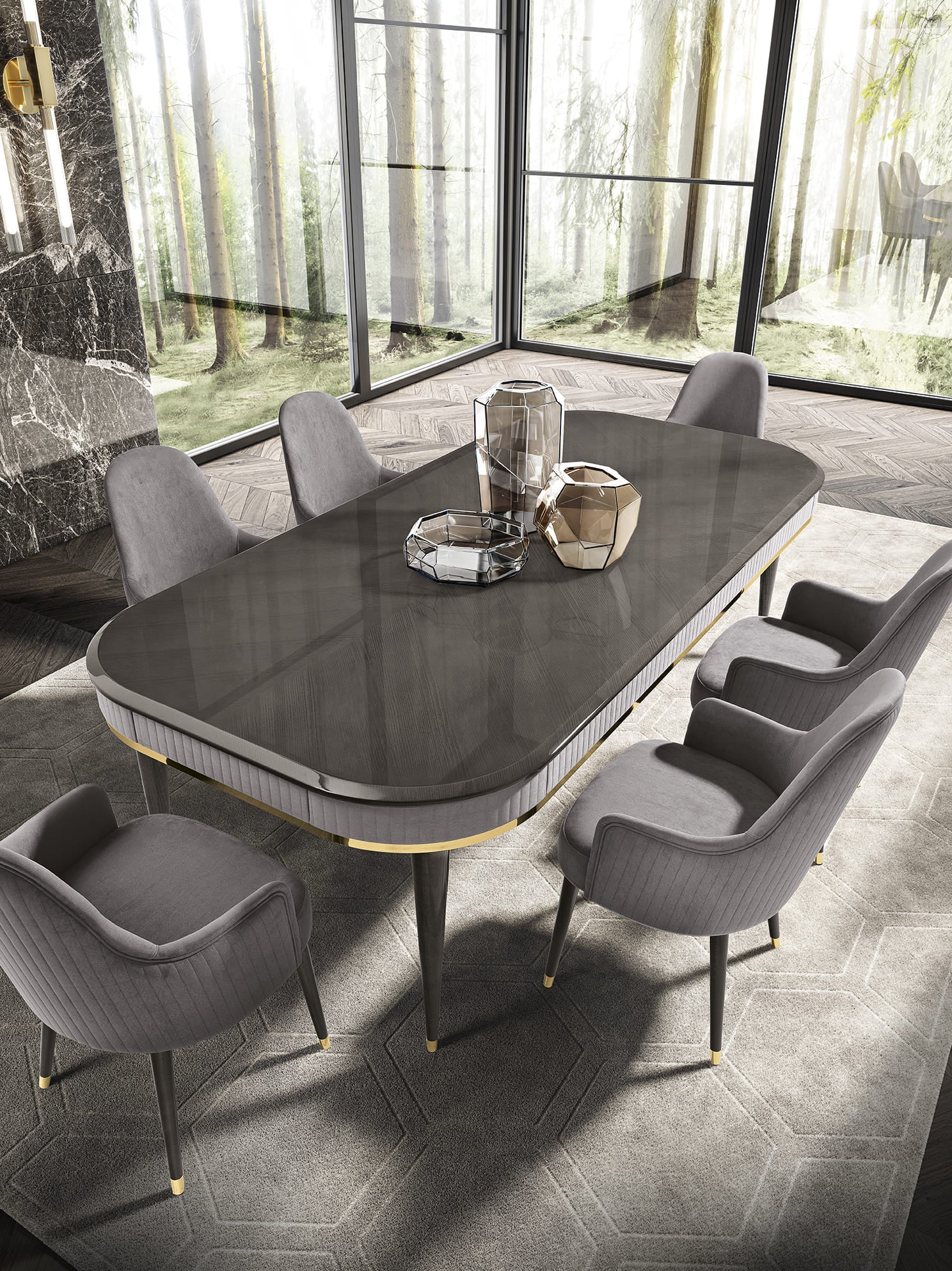 Luxury black marble dining table with grey velvet chairs, gold accents, and a modern aesthetic, ideal for elegant dining spaces