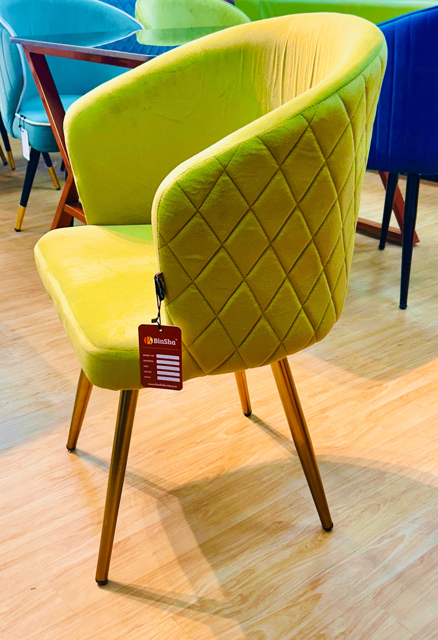 Modern Velvet Quilted Dining Chair – Mustard Green with Metal Legs