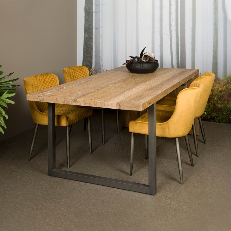 Rustic Wooden Dining Table with Mustard Velvet Chairs – Modern Industrial Design - BinSha Furniture