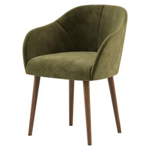 Olive green velvet chair with curved backrest and wooden legs, offering a stylish and comfortable seating option.