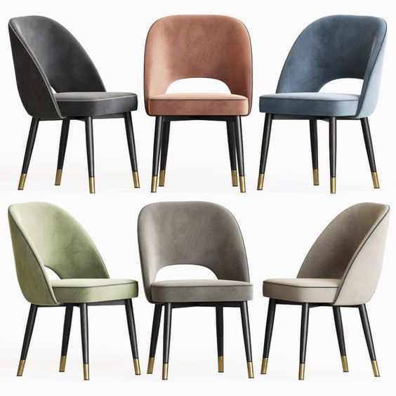 Set of velvet chairs with cut-out backs and gold-tipped black legs in assorted colors: gray, pink, blue, green, beige, and taupe.