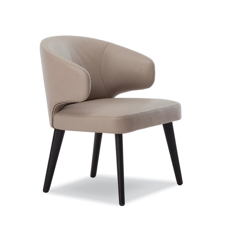 Taupe faux leather chair with curved backrest and black legs, modern minimalist design perfect for versatile spaces.